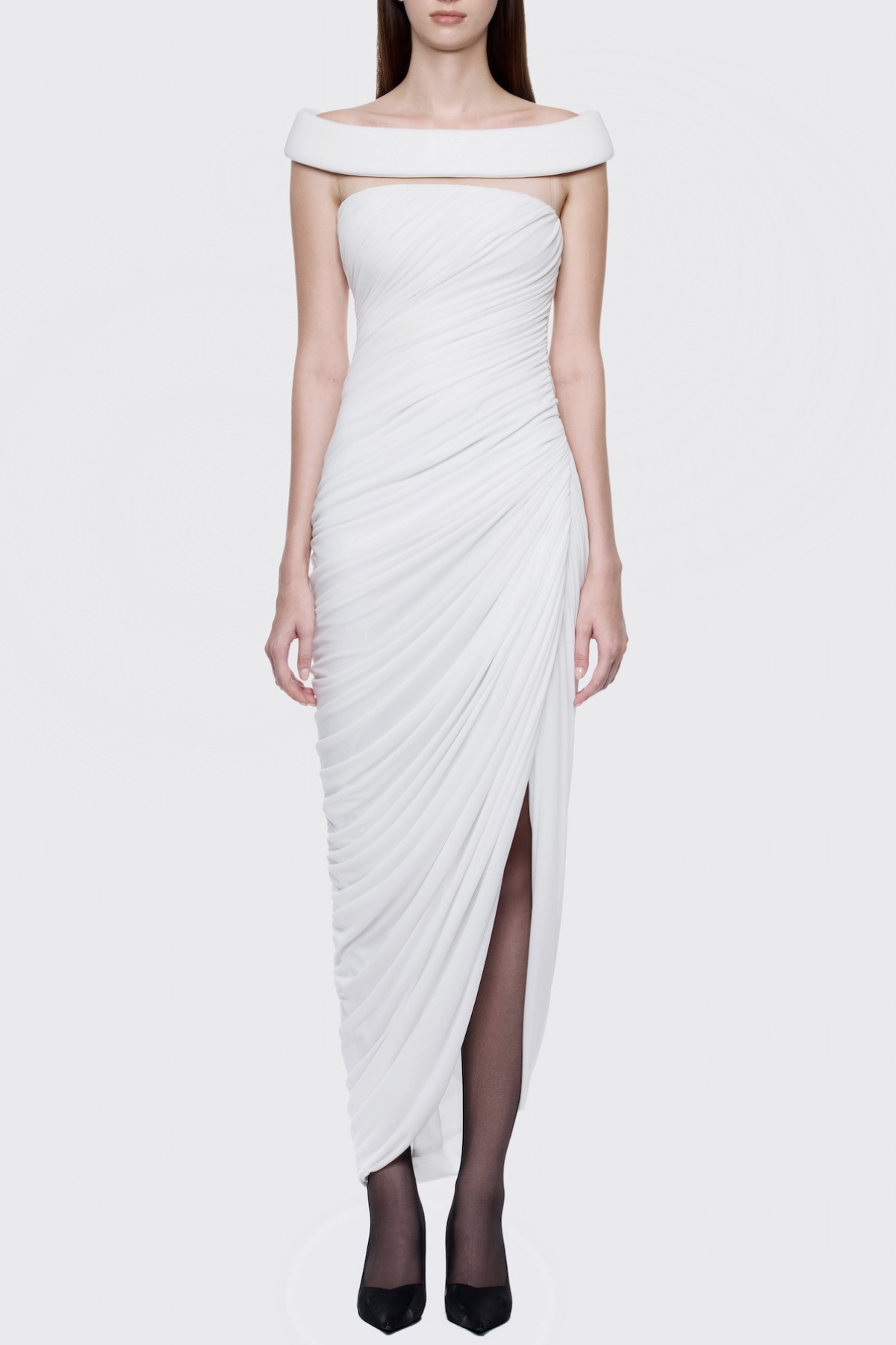 Cierra Off Shoulder Ruched Midi Dress In White