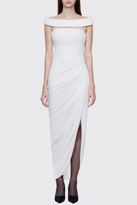 Cierra Off Shoulder Ruched Midi Dress In White