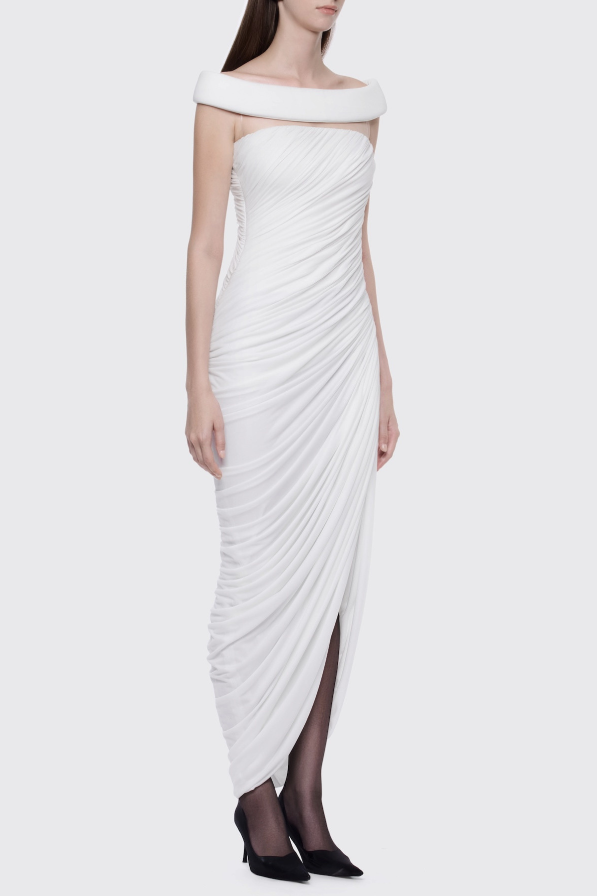 Cierra Off Shoulder Ruched Midi Dress In White