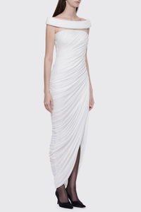 Cierra Off Shoulder Ruched Midi Dress In White