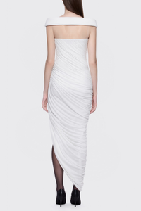 Cierra Off Shoulder Ruched Midi Dress In White