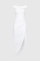 Cierra Off Shoulder Ruched Midi Dress In White