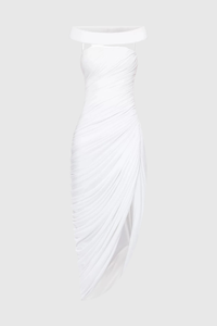 Cierra Off Shoulder Ruched Midi Dress In White
