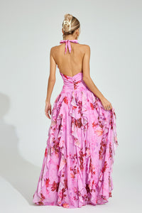Dryon Floral Halter Maxi Dress In Pink