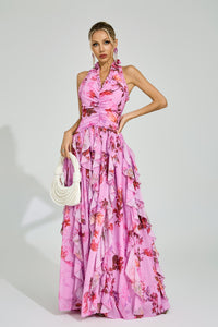 Dryon Floral Halter Maxi Dress In Pink