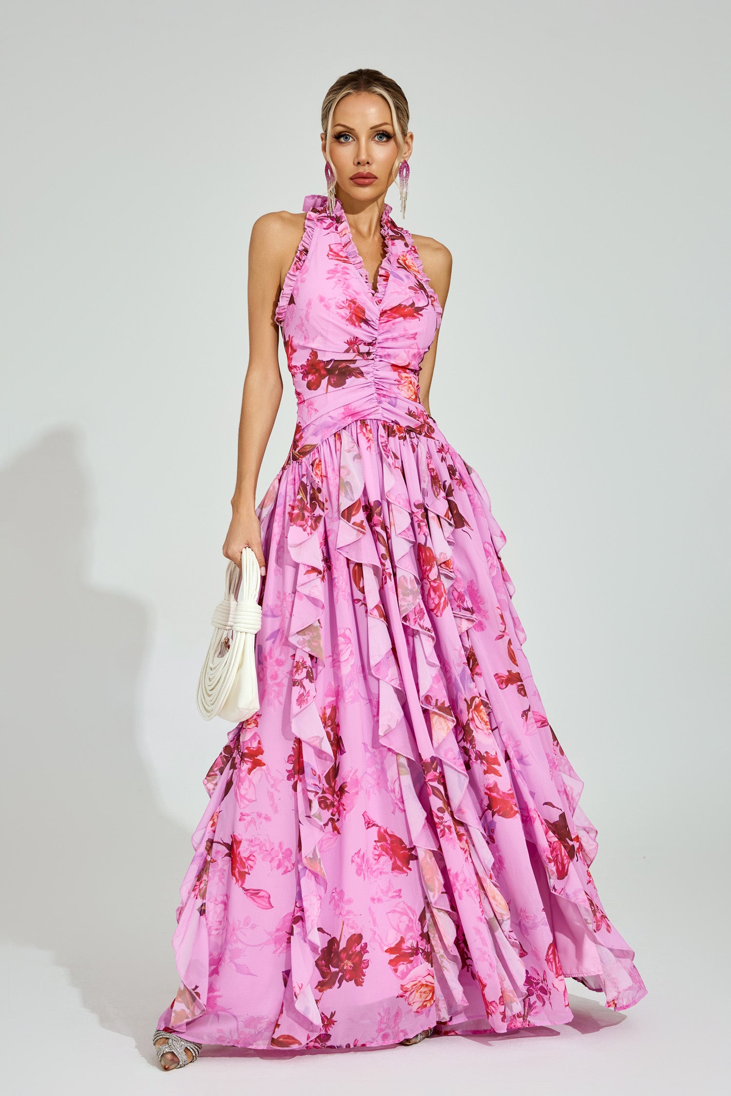 Dryon Floral Halter Maxi Dress In Pink