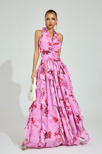 Dryon Floral Halter Maxi Dress In Pink