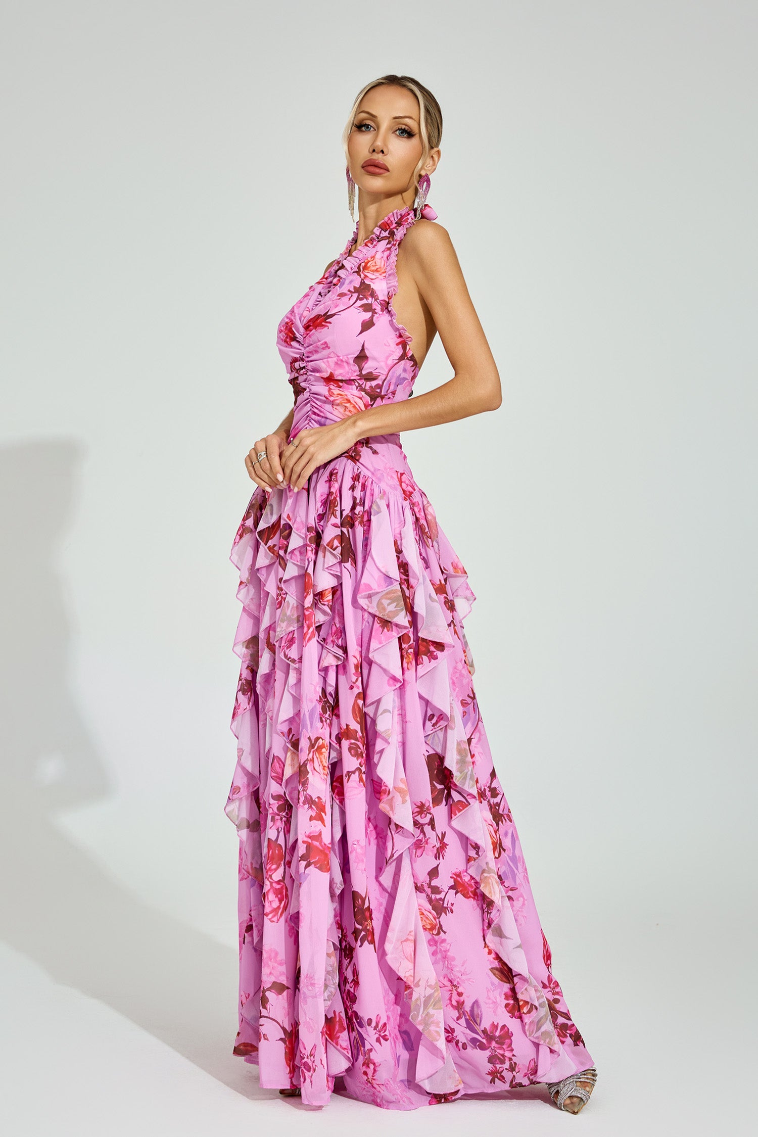 Dryon Floral Halter Maxi Dress In Pink