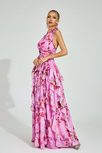Dryon Floral Halter Maxi Dress In Pink