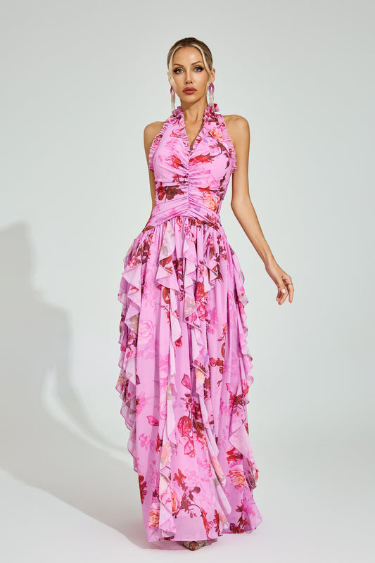 Dryon Floral Halter Maxi Dress In Pink