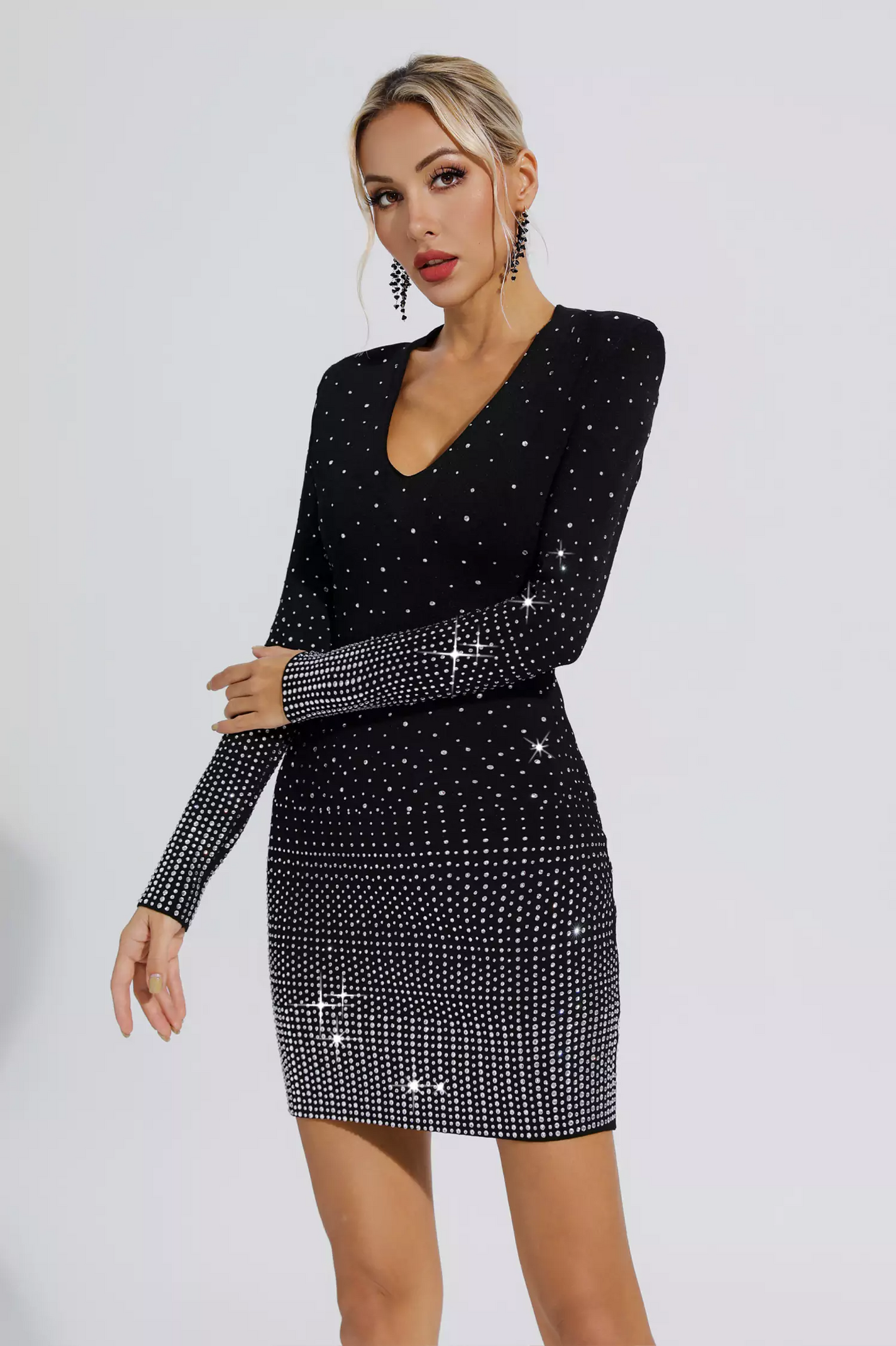 Orla Diamond Long Sleeve Mini Dress In Black