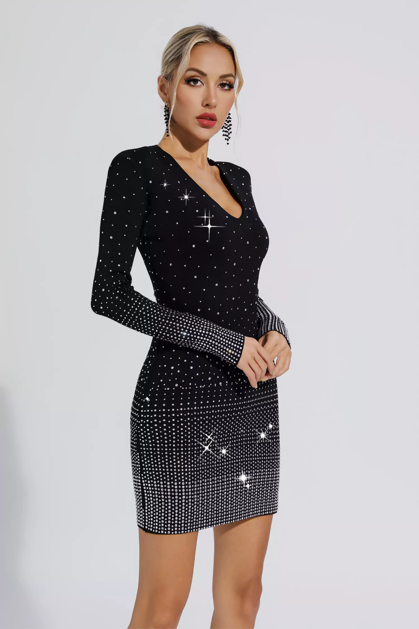 Orla Diamond Long Sleeve Mini Dress In Black