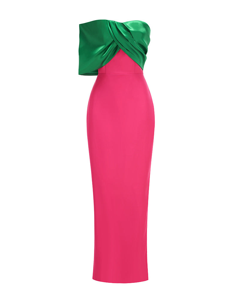 Dorevin Contrast-Color Pleated Maxi Dress