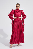 Elyvaris Wine Red Pleated Maxi Dress