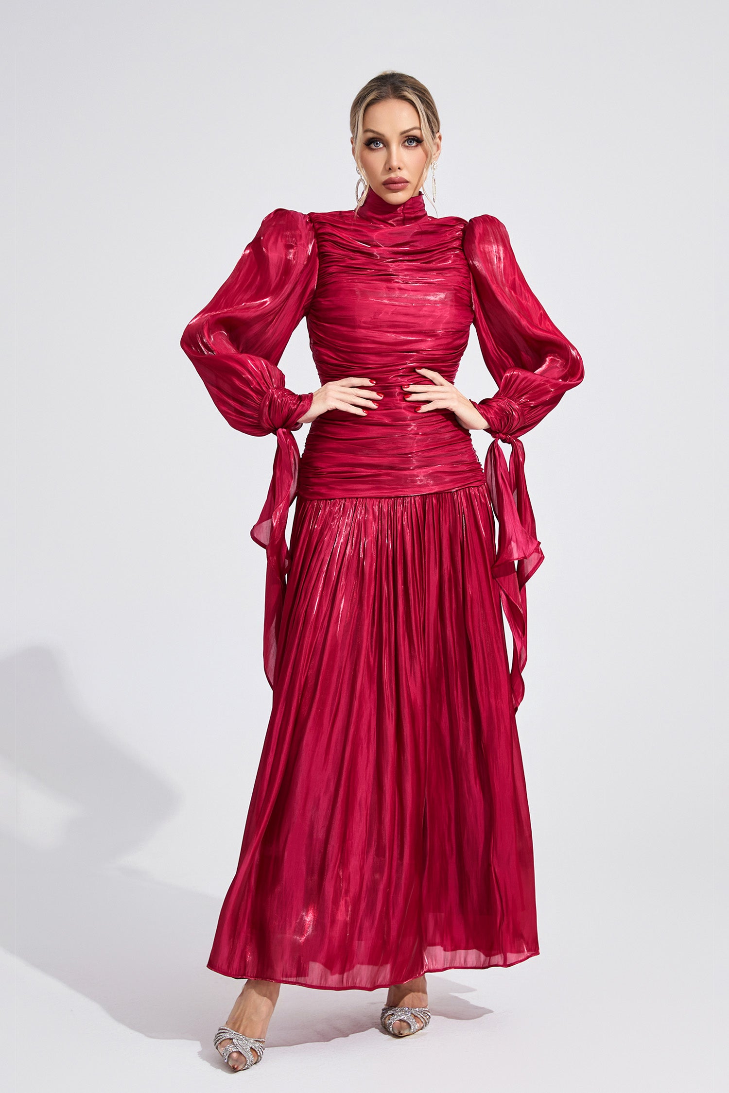 Elyvaris Wine Red Pleated Maxi Dress