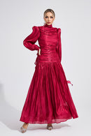 Elyvaris Wine Red Pleated Maxi Dress
