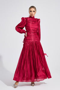Elyvaris Wine Red Pleated Maxi Dress
