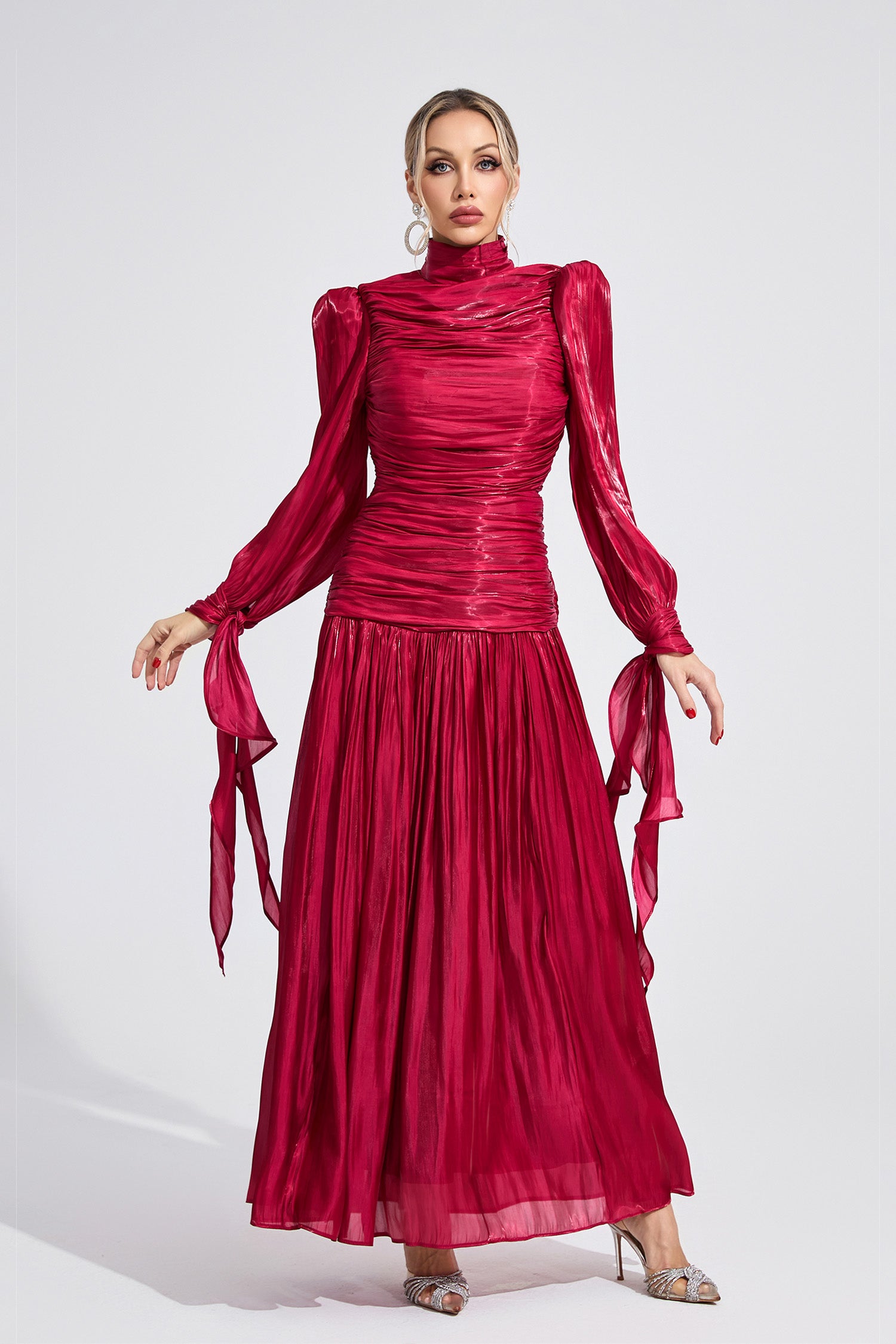 Elyvaris Wine Red Pleated Maxi Dress