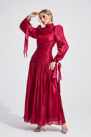 Elyvaris Wine Red Pleated Maxi Dress