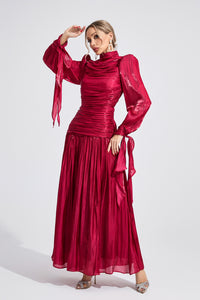 Elyvaris Wine Red Pleated Maxi Dress