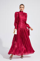Elyvaris Wine Red Pleated Maxi Dress