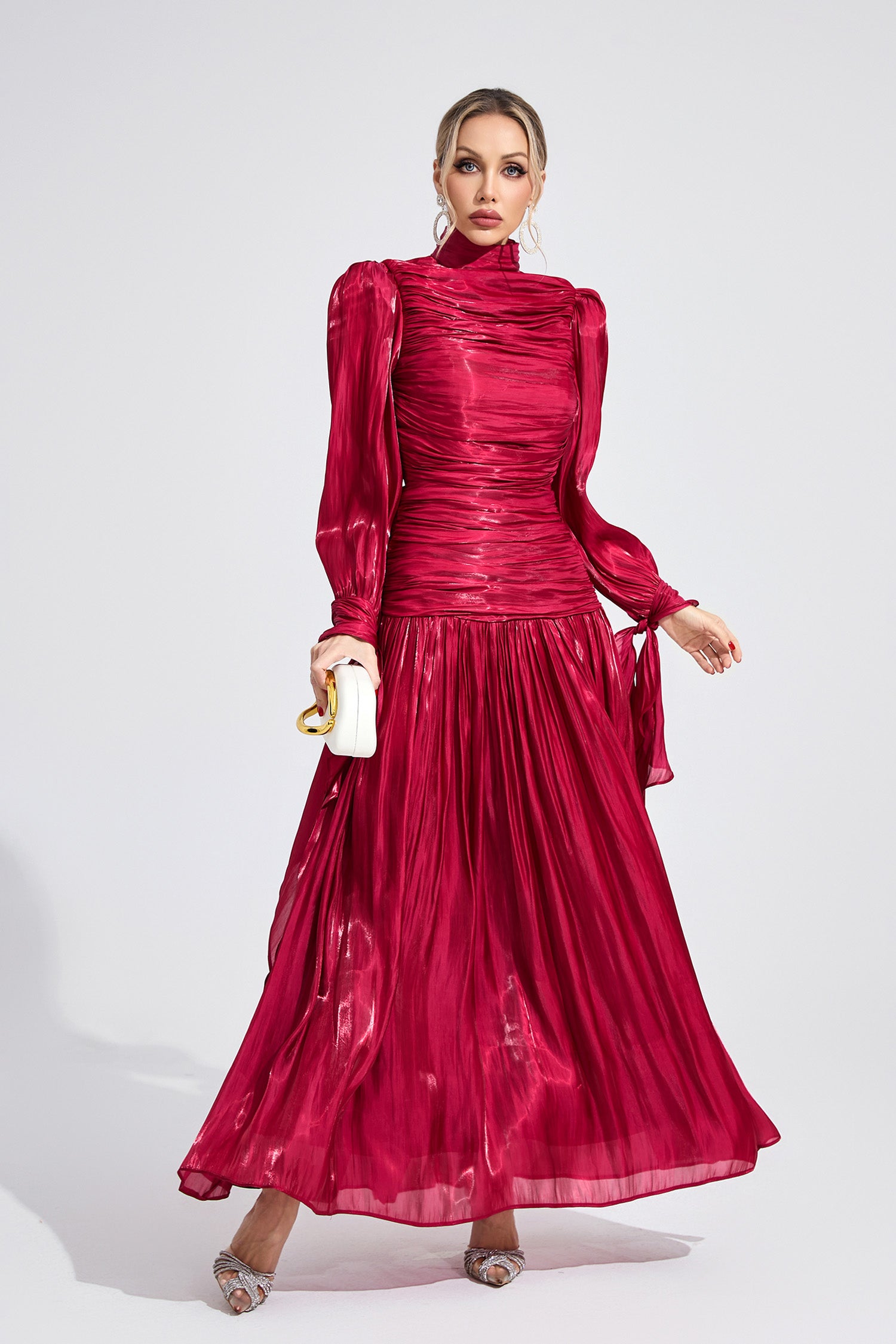 Elyvaris Wine Red Pleated Maxi Dress