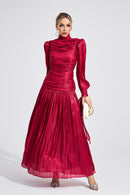 Elyvaris Wine Red Pleated Maxi Dress