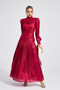 Elyvaris Wine Red Pleated Maxi Dress