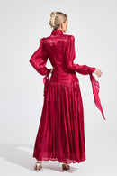 Elyvaris Wine Red Pleated Maxi Dress