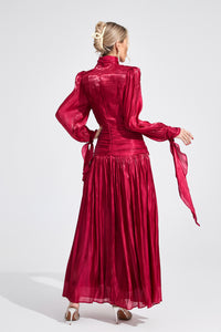 Elyvaris Wine Red Pleated Maxi Dress