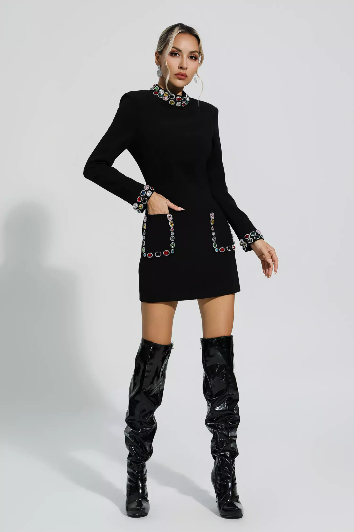 Hayley Long Sleeve Rhinestone Embellished Mini Dress In Black