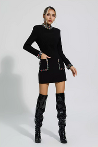 Hayley Long Sleeve Rhinestone Embellished Mini Dress In Black