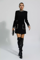 Hayley Long Sleeve Rhinestone Embellished Mini Dress In Black