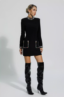 Hayley Long Sleeve Rhinestone Embellished Mini Dress In Black