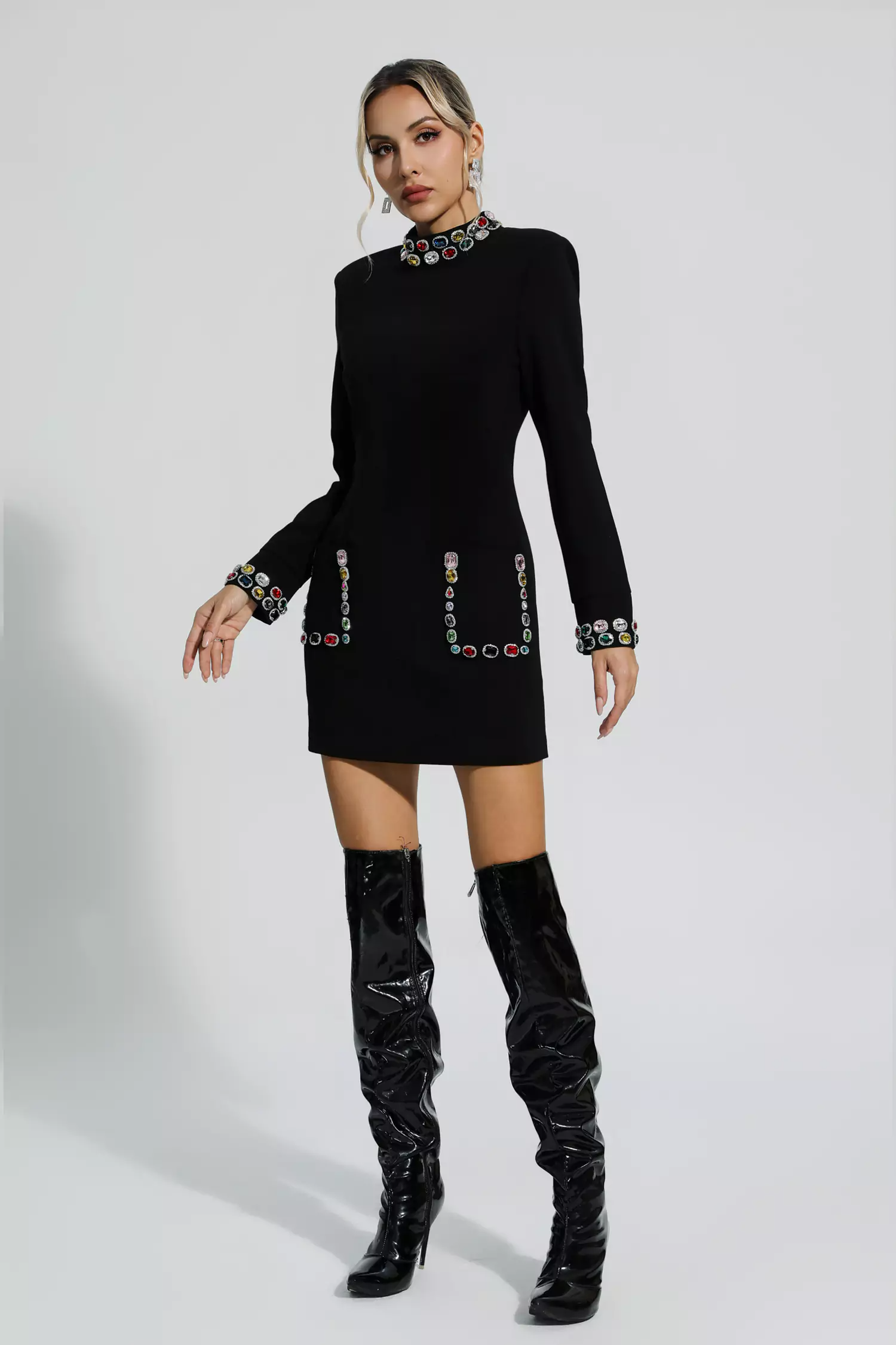 Hayley Long Sleeve Rhinestone Embellished Mini Dress In Black
