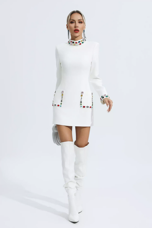Hayley Long Sleeve Rhinestone Embellished Mini Dress In White