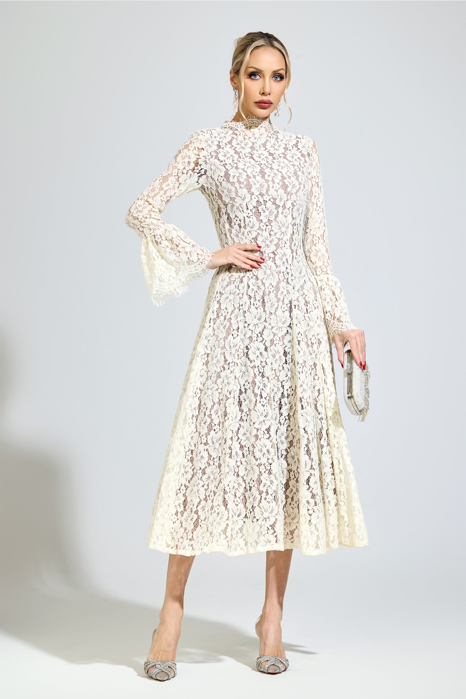 Aroqen White Bell Sleeve Formal Dress