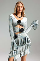 Tazeda Tie Dye Asymmetric Fringe Floral Midi Dress