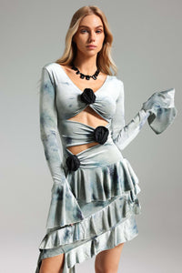 Tazeda Tie Dye Asymmetric Fringe Floral Midi Dress