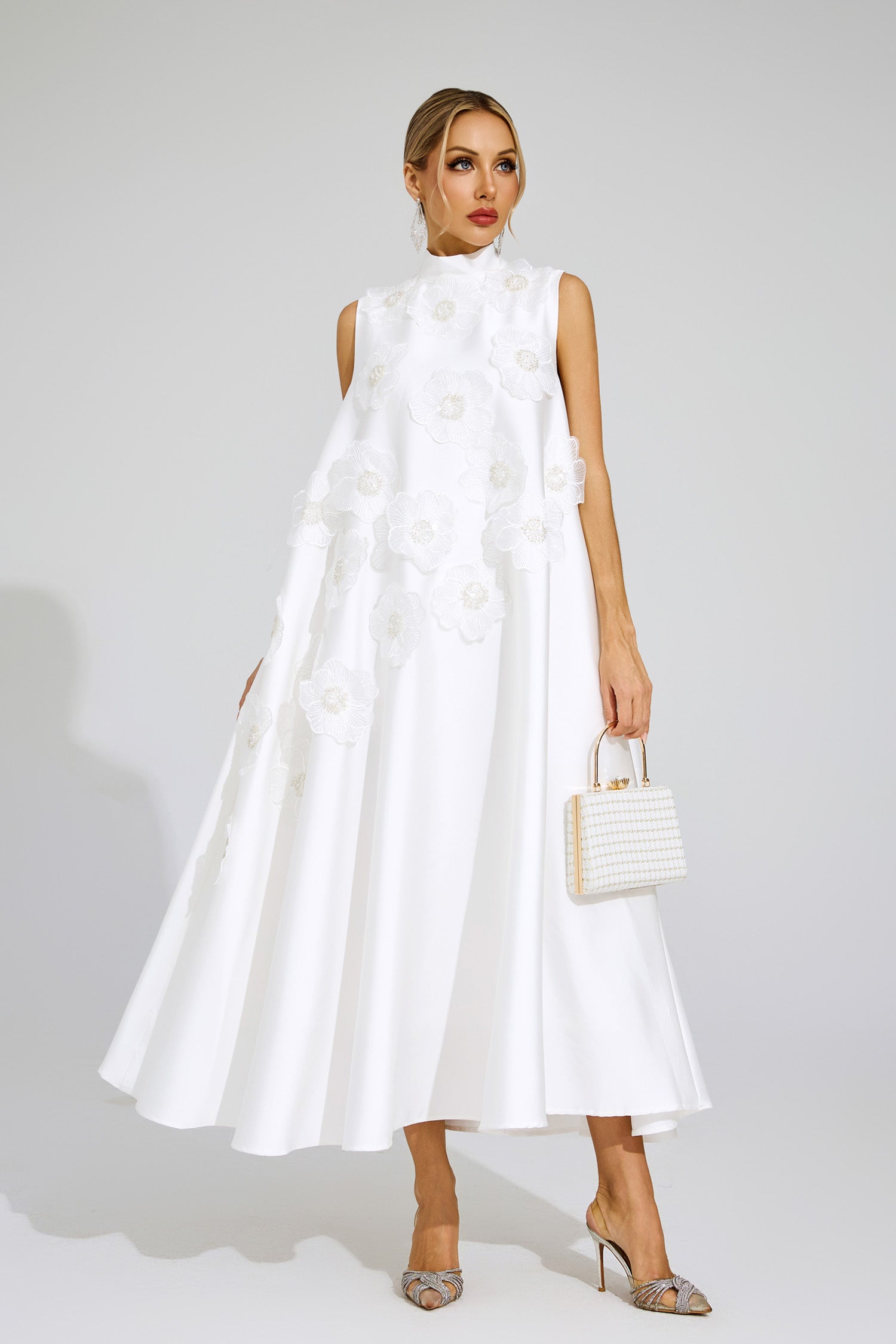 Gianni Flowers Sleeveless Dress In White