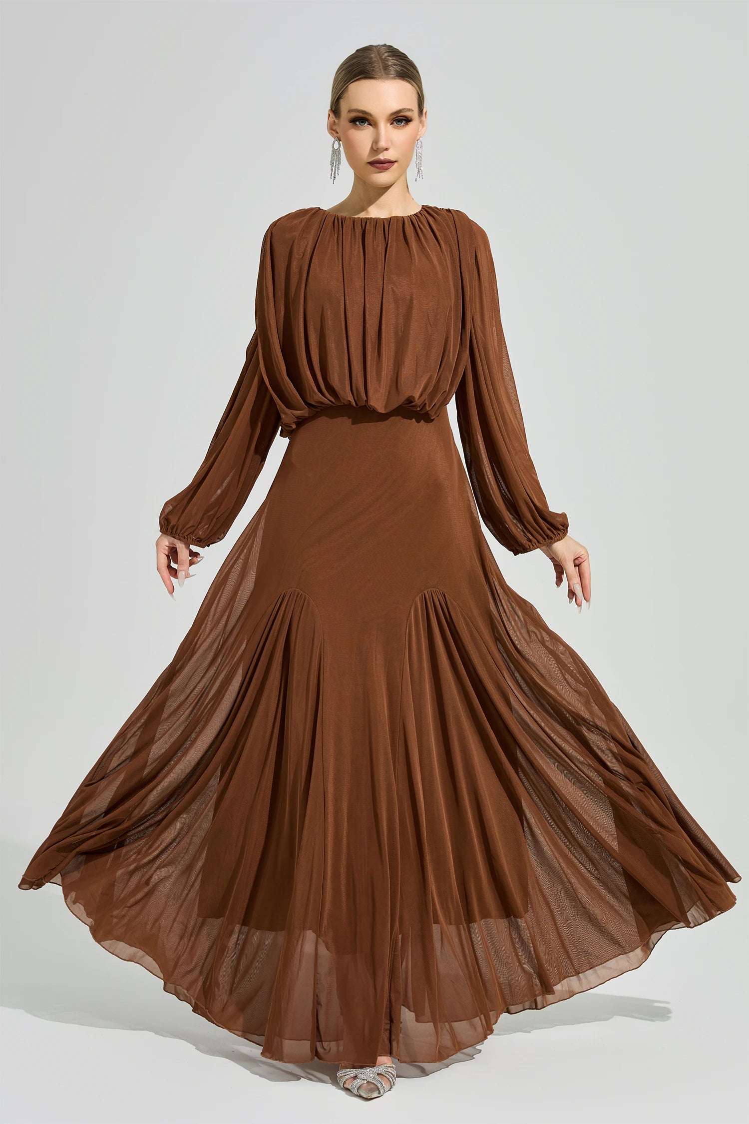 Laxory Brown Pleated Maxi Dress