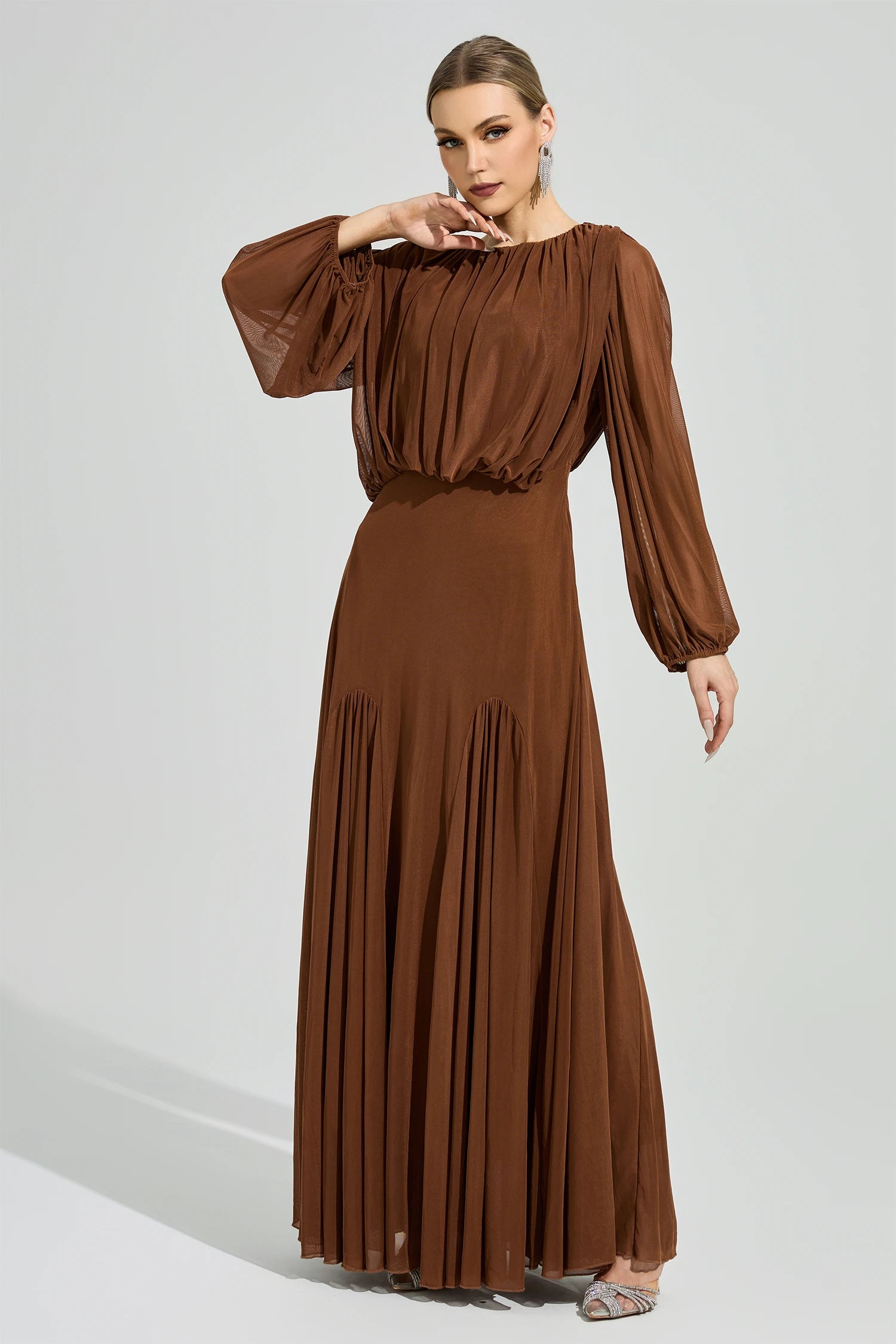 Laxory Brown Pleated Maxi Dress