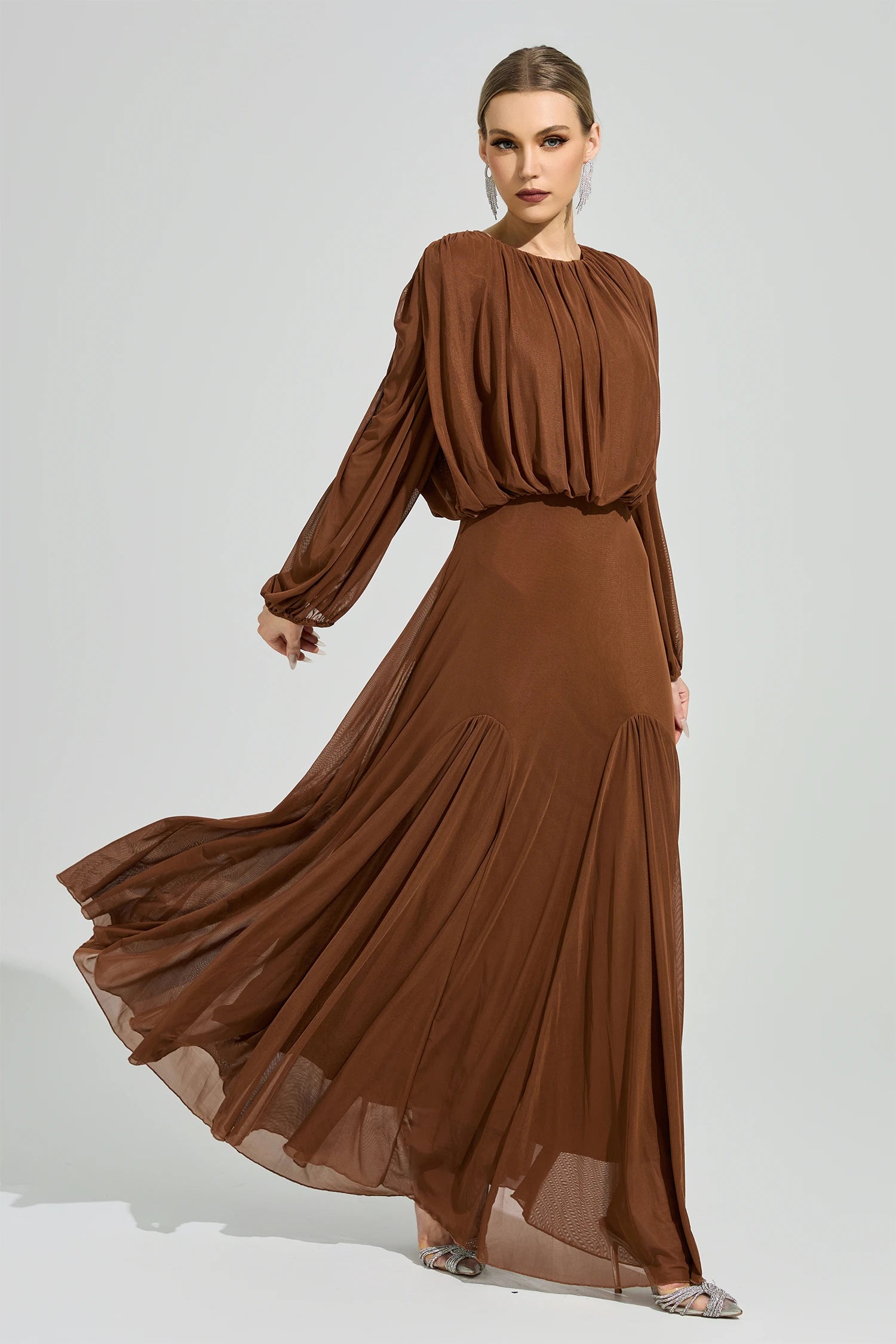 Laxory Brown Pleated Maxi Dress