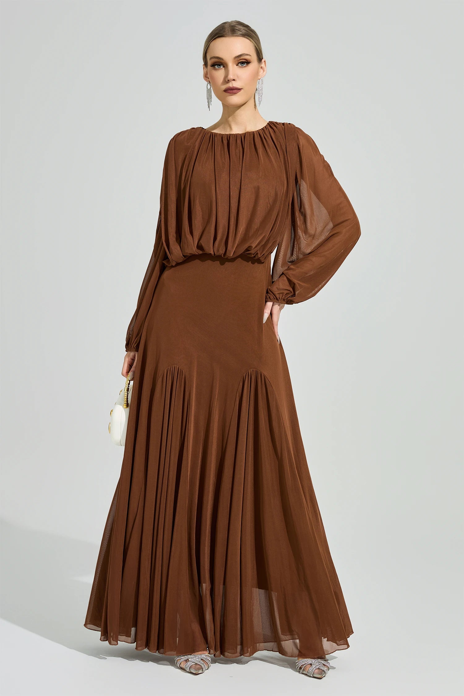 Laxory Brown Pleated Maxi Dress