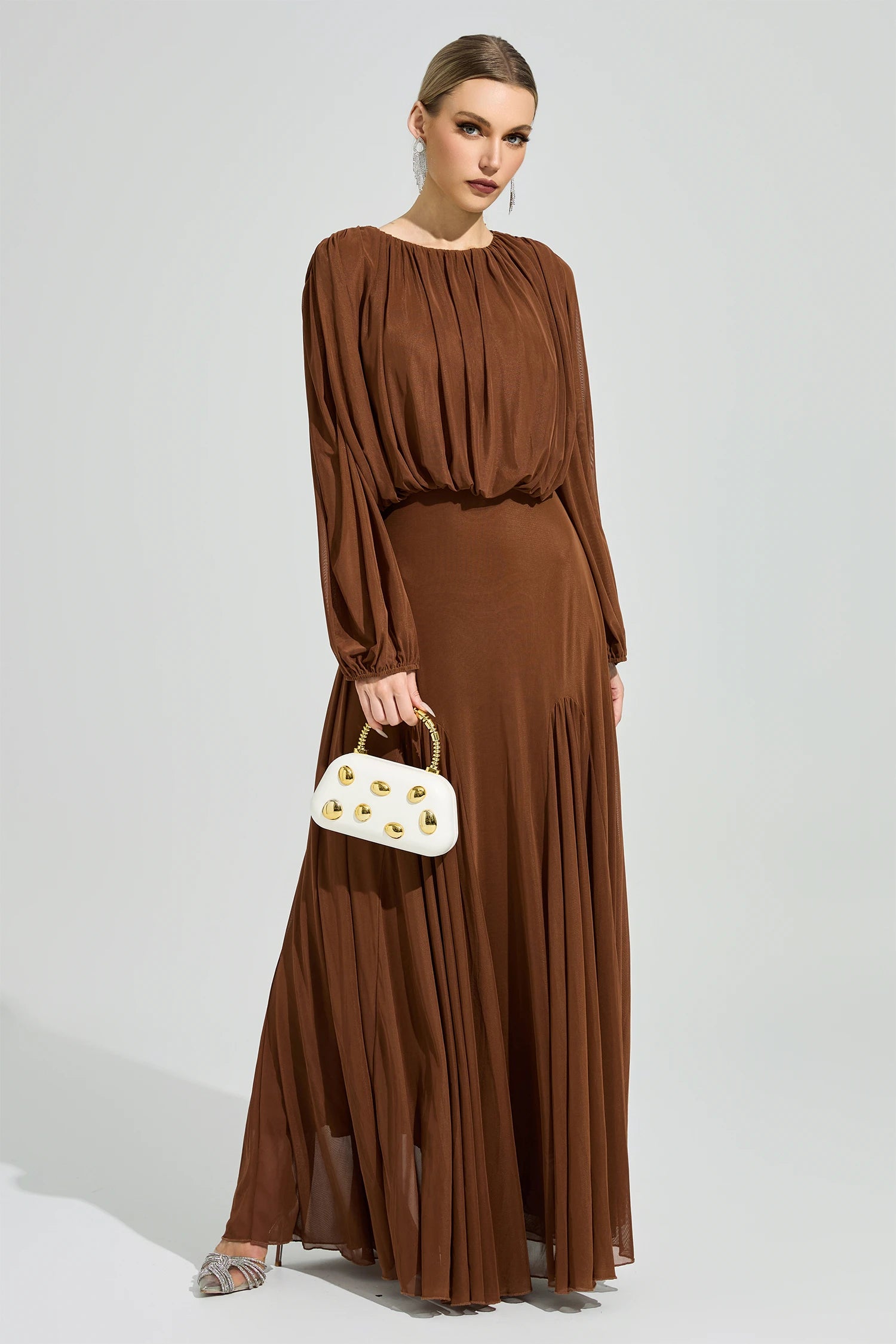 Laxory Brown Pleated Maxi Dress
