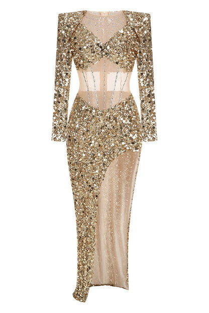 Zephyrus Long Sleeve Sequin Slit Maxi Dress In Gold