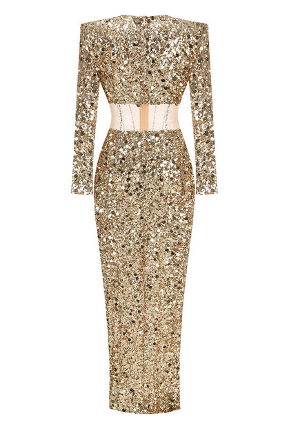 Zephyrus Long Sleeve Sequin Slit Maxi Dress In Gold