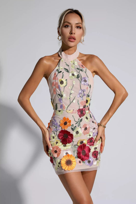 Margo Flesh Pink Floral Embroidery Dress