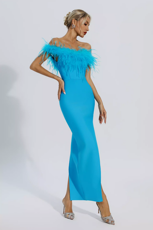 Tracy Ostrich Feather Bandage Dress In Blue