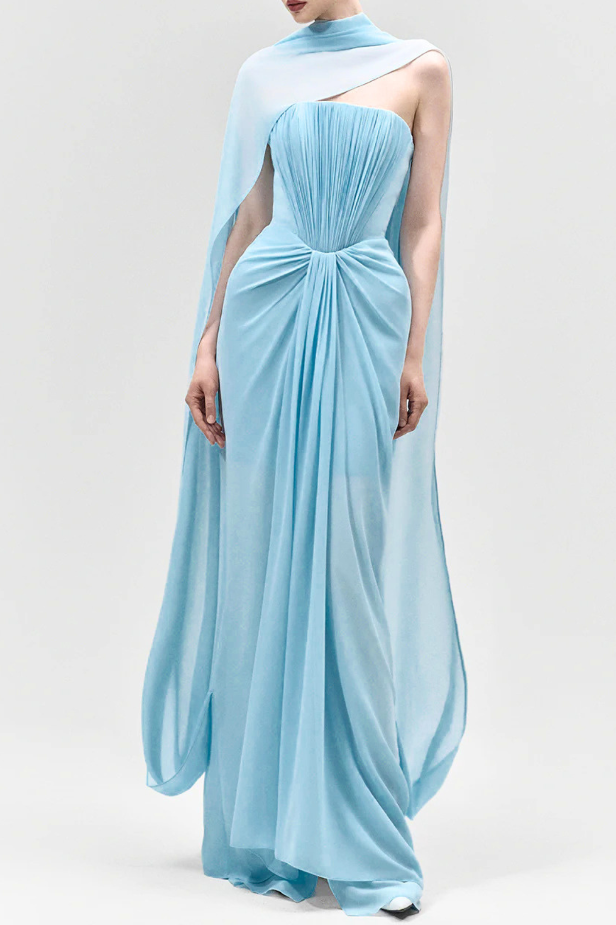 Eudocia Scarf Strapless Ruched Maxi Dress In Blue